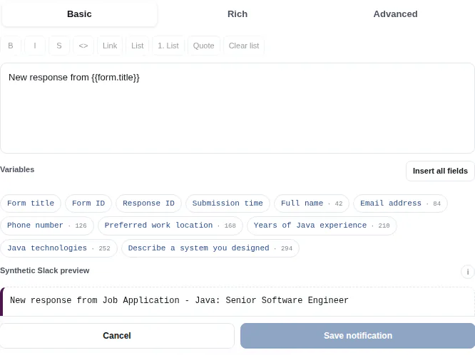 FormBeacon channel-aware Basic, Rich, and Advanced mode selector