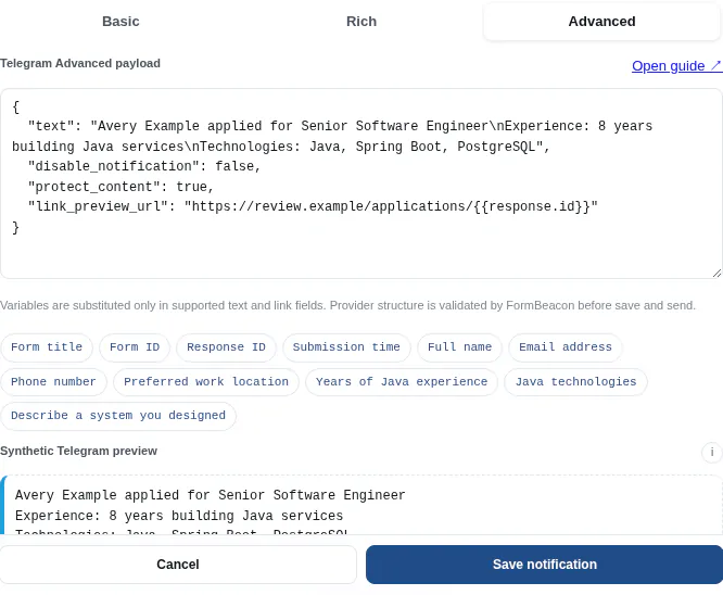 FormBeacon Telegram Advanced editor with supported options and a synthetic preview
