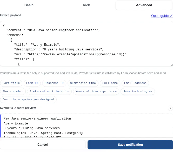 FormBeacon Discord embed editor with a fixed-origin review URL and synthetic preview