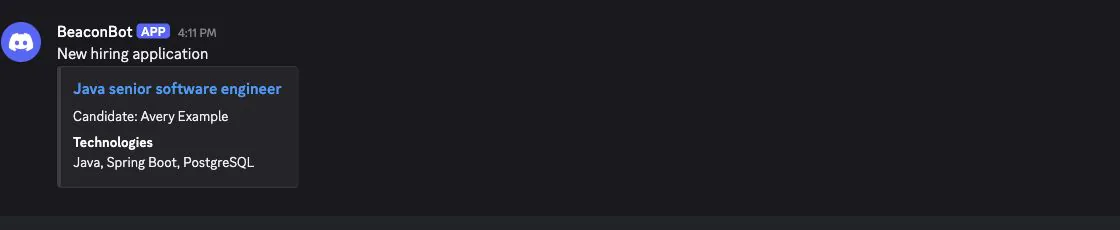 Received Discord embed with reserved synthetic hiring application data