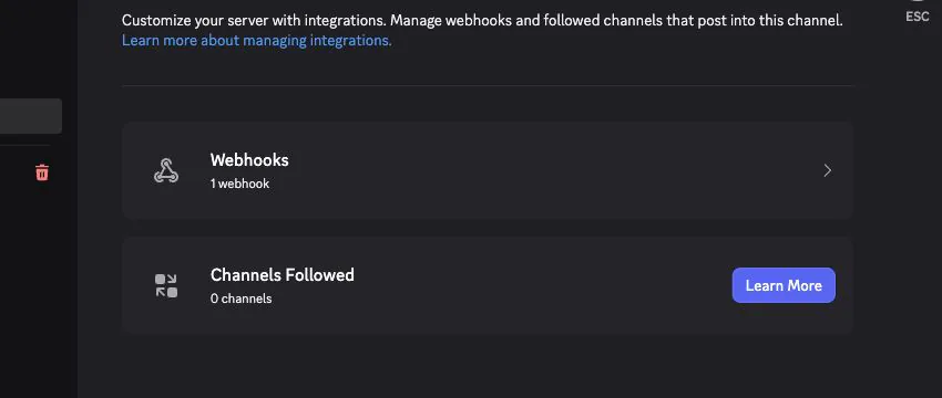 Discord channel Integrations summary showing one configured webhook