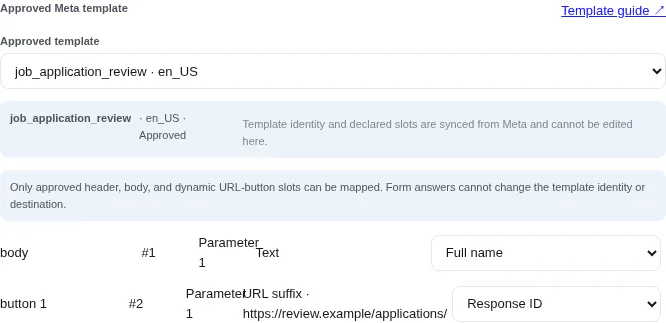 FormBeacon mapping a response ID to an approved Meta dynamic URL button suffix