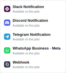 FormBeacon Create menu showing Slack, Discord, Telegram, WhatsApp Business Meta, and Webhook
