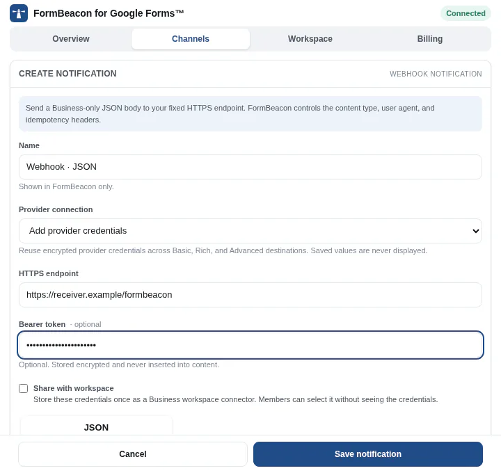 FormBeacon Webhook JSON configuration with an example HTTPS endpoint and masked Bearer token