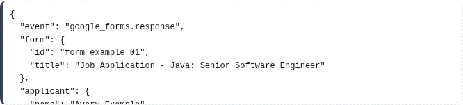 Validated Webhook JSON preview rendered with synthetic hiring data