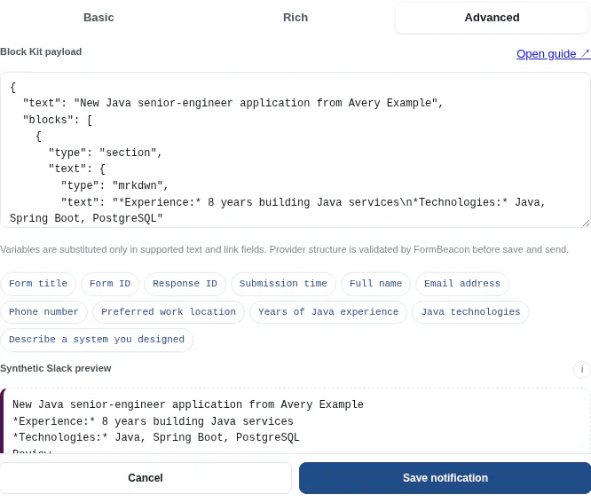 FormBeacon Advanced Slack Block Kit editor and synthetic hiring preview