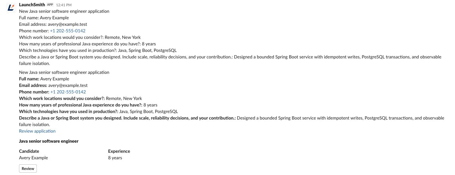 Received Slack Basic, Rich, and Block Kit hiring notifications using only synthetic candidate data