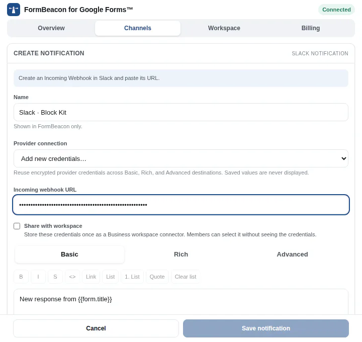 FormBeacon Slack destination form with a masked incoming webhook credential