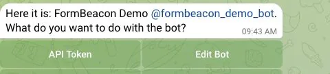 BotFather showing the synthetic FormBeacon Demo bot and its token and edit actions