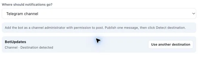 FormBeacon Telegram channel detection showing BotUpdates as the detected destination