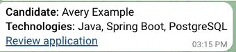 Received Telegram Rich hiring notification with synthetic candidate data and a review link