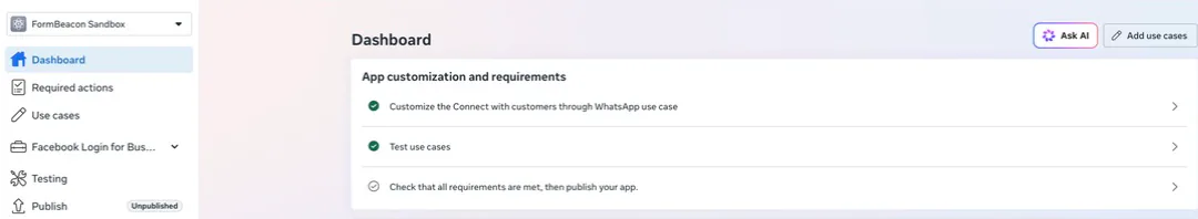 Meta dashboard for the unpublished FormBeacon Sandbox WhatsApp development app