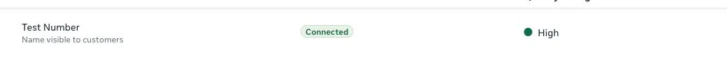 Meta WhatsApp Test Number showing Connected status and High quality