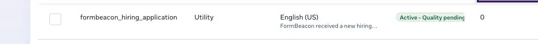 Meta WhatsApp template list showing a Utility English US template as Active Quality pending