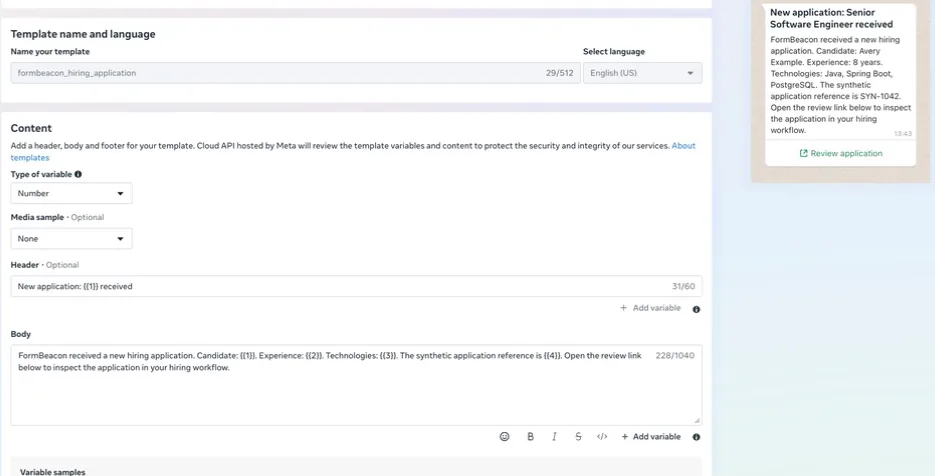 Meta WhatsApp template editor with numeric header and body placeholders and a synthetic hiring preview