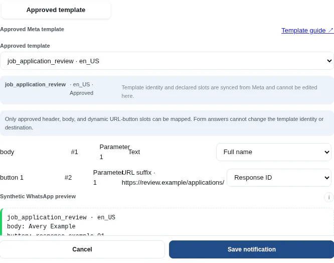 FormBeacon approved Meta template with body and dynamic URL button field mappings