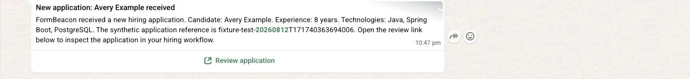 Received WhatsApp approved-template hiring message with fictional candidate data and review button